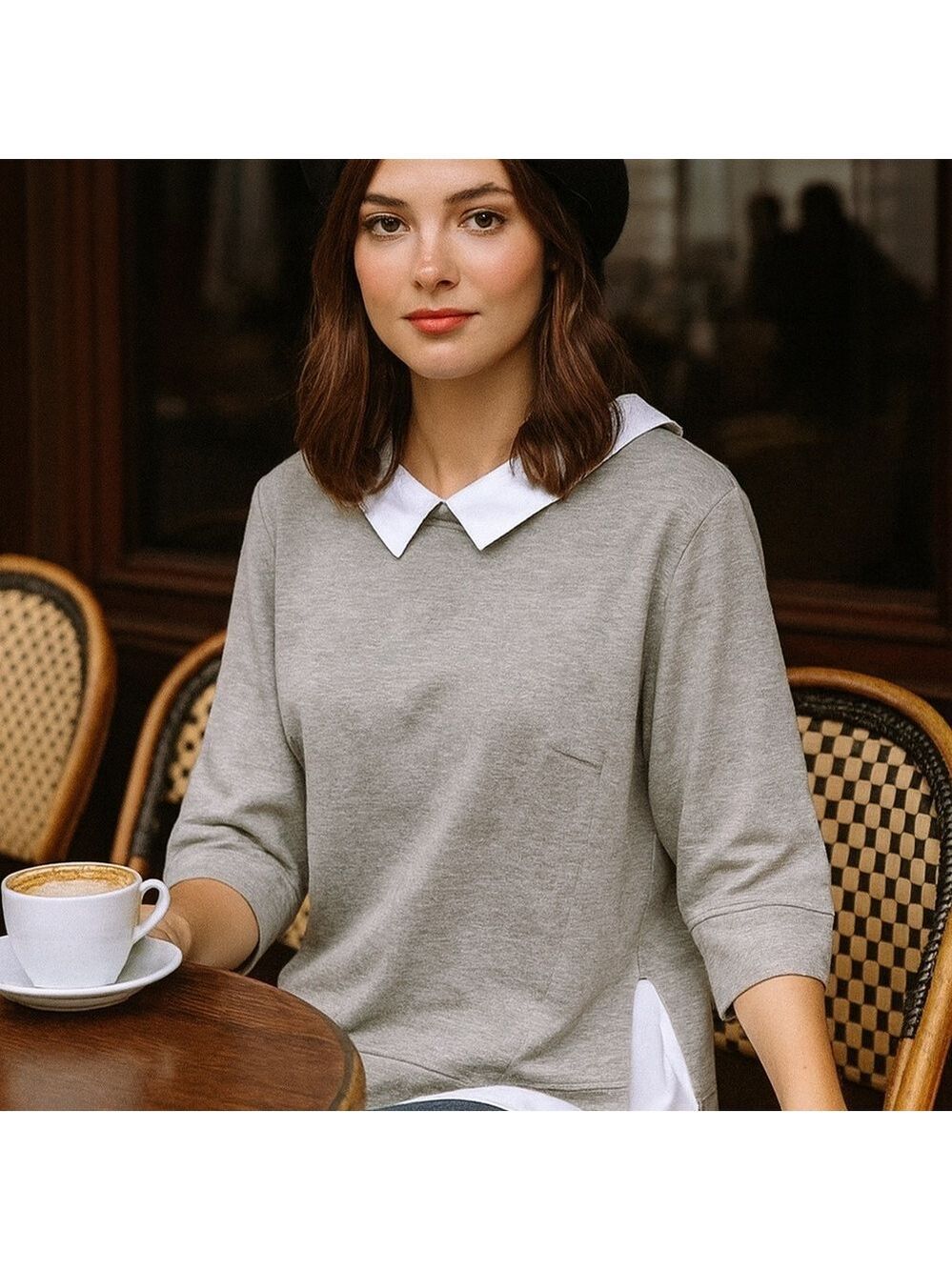 cop.copine SZ 42 (US 10/12) Grey 3/4 sleeve Layerl Top White Contrast Hem/Collar
